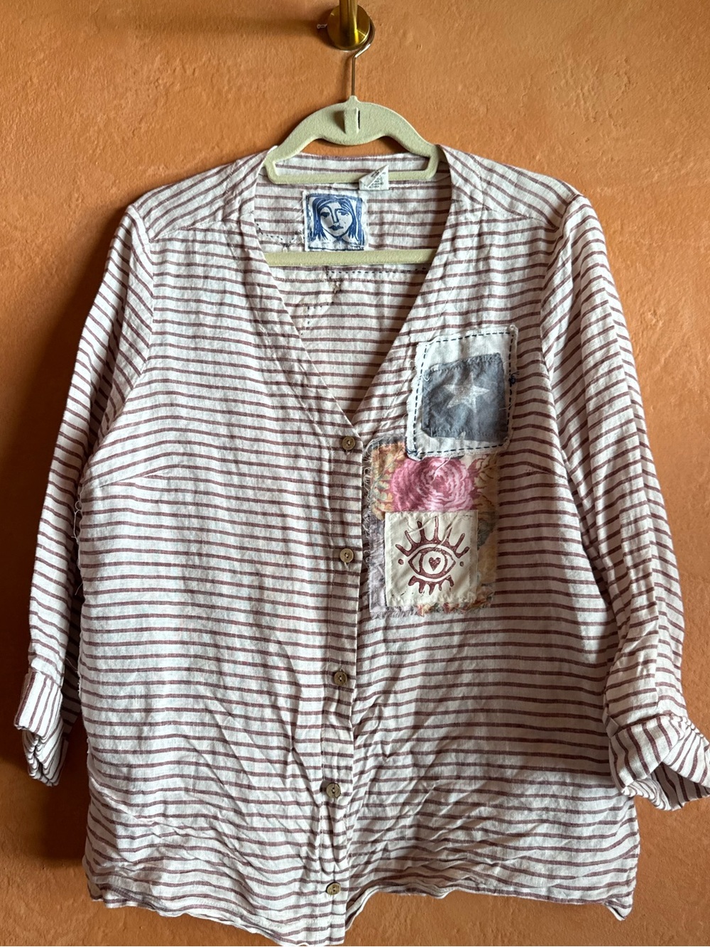 Artisan Patchwork Linen Shirt Large Striped Boho Wearable Art Lagenlook